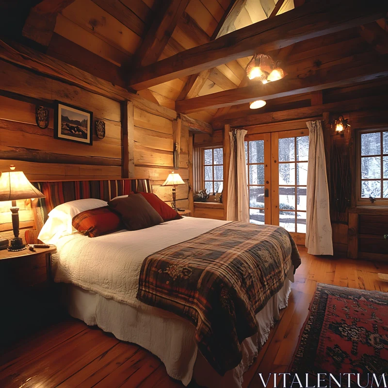 AI ART Cozy Wooden Bedroom with Plaid Blanket