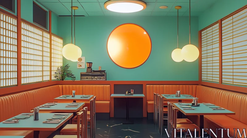 Retro Diner with Teal Tables and Orange Booths AI Image