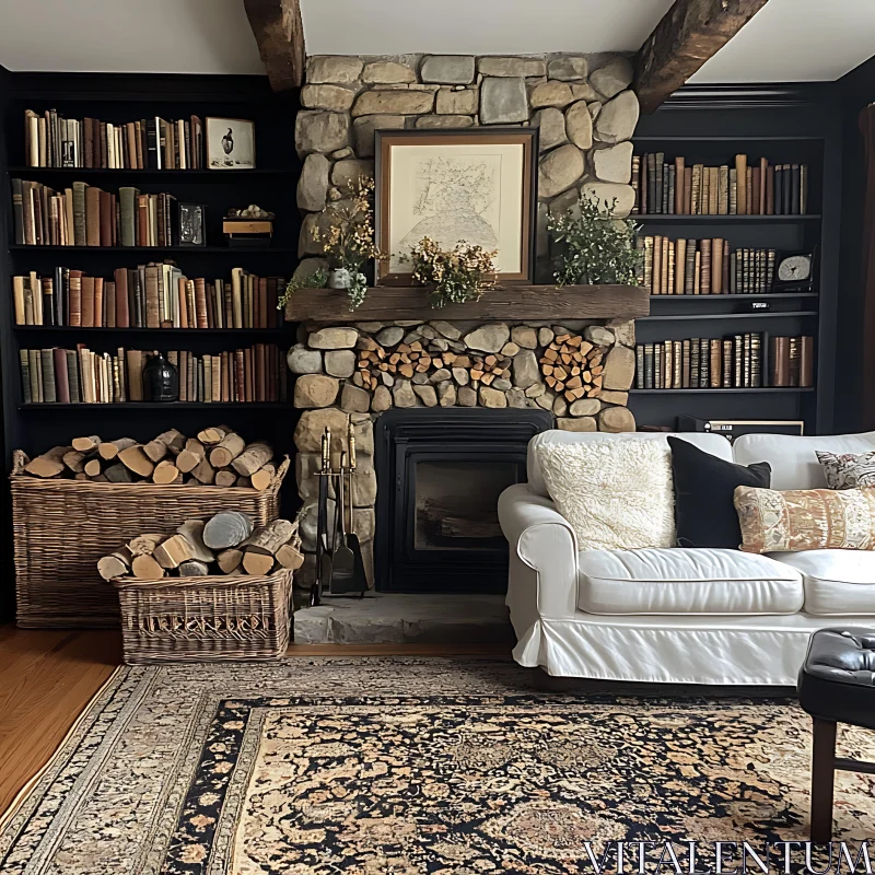 AI ART Interior Design: Fireplace and Bookshelves