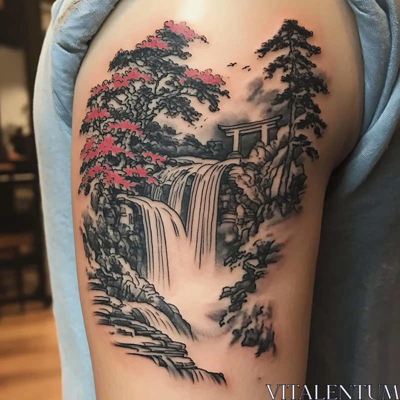 Traditional Japanese Waterfall Tattoo AI Image