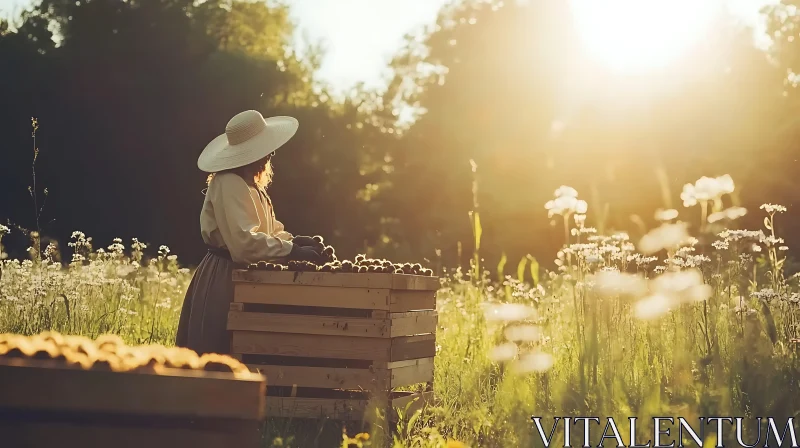 Woman Harvesting Fruit in Summer Field AI Image