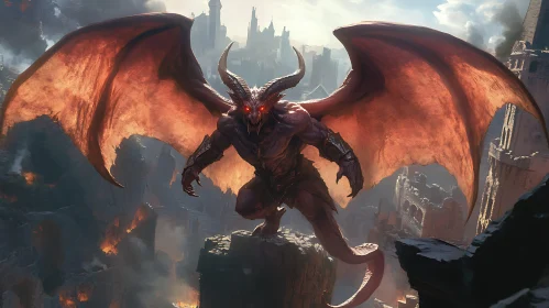 Winged Dragon in Destroyed City