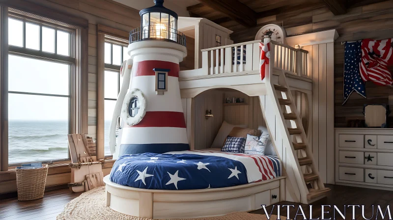 AI ART Whimsical Lighthouse Bed in Coastal Room