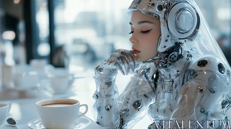 Contemplative Cyborg Enjoying Coffee AI Image