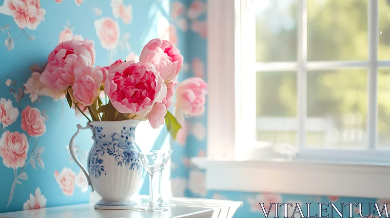 AI ART Peonies in Vase by the Window