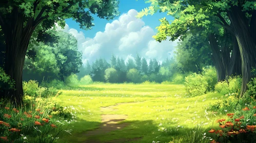 Sunlit Path Through Green Meadow