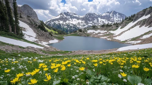 Snow-Capped Mountains and Alpine Lake with Flowers AI Image