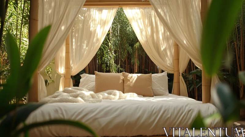 Bamboo Framed Bed with Soft Curtains AI Image