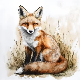 Watercolor Fox Sitting in Grassy Field