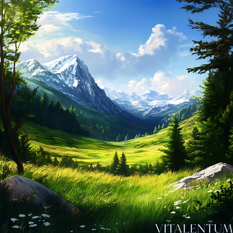 AI ART Green Valley With Snow Mountain View