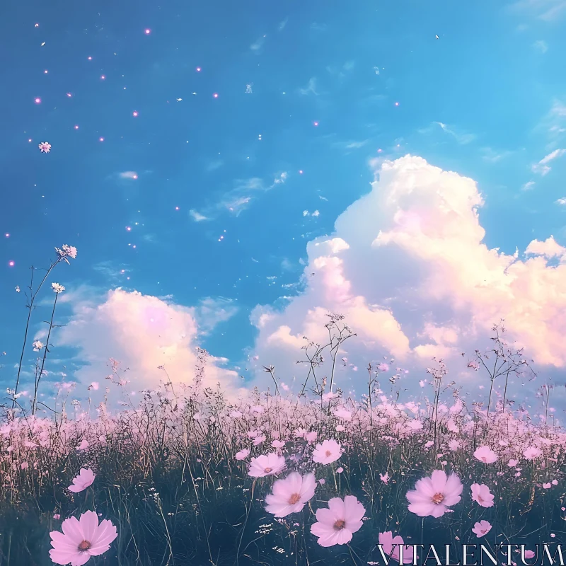 AI ART Serene Pink Flowers Field Landscape