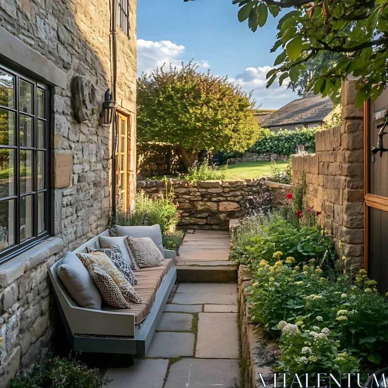 AI ART Stone walled garden with cozy bench