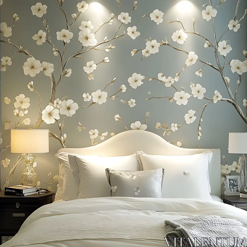 Tranquil Bedroom Interior with White Flowers AI Image