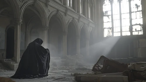 Figure in Black Cloak Amidst Gothic Ruins