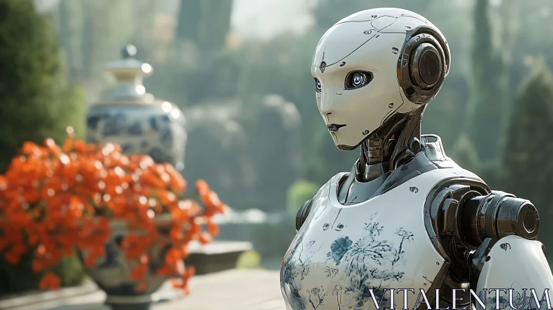 Floral-Adorned Cyborg in Nature AI Image