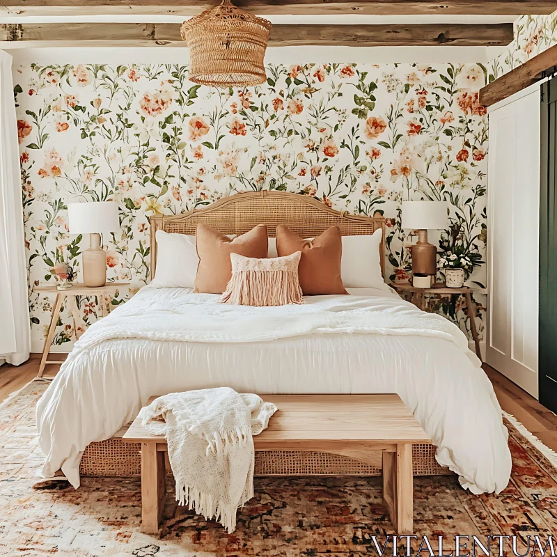 Cozy Bedroom with Floral Accents AI Image