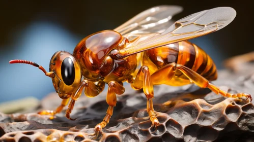 Amber Wasp on Wood - A Metallic Nature's Marvel