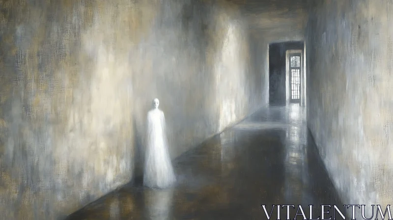 AI ART Monochrome Hallway with Ghostly Figure