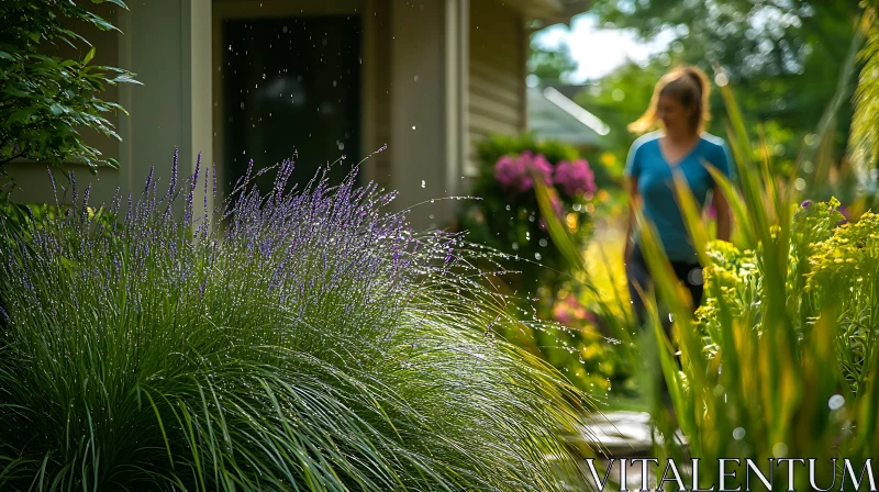 AI ART Woman Walking in Glistening Garden