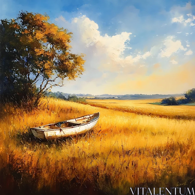 AI ART Idyllic Field with Boat Painting