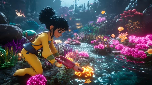 Underwater Cartoon Scene with Girl