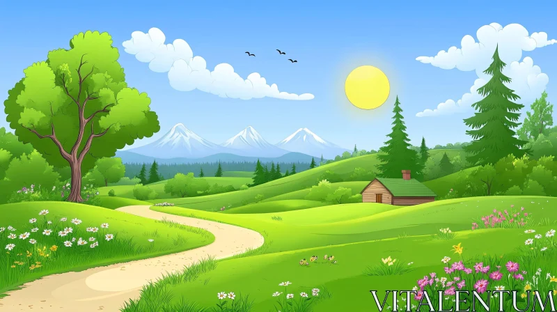 Scenic Cartoon Meadow with House and Path AI Image