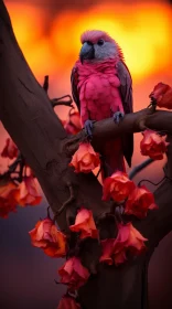 Captivating Pink Parrot on Tree Branch with Vibrant Flowers