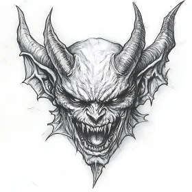 Demonic Face: A Detailed Black and White Sketch