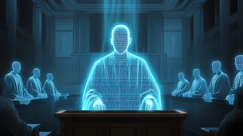 Holographic Judge in Courtroom Setting