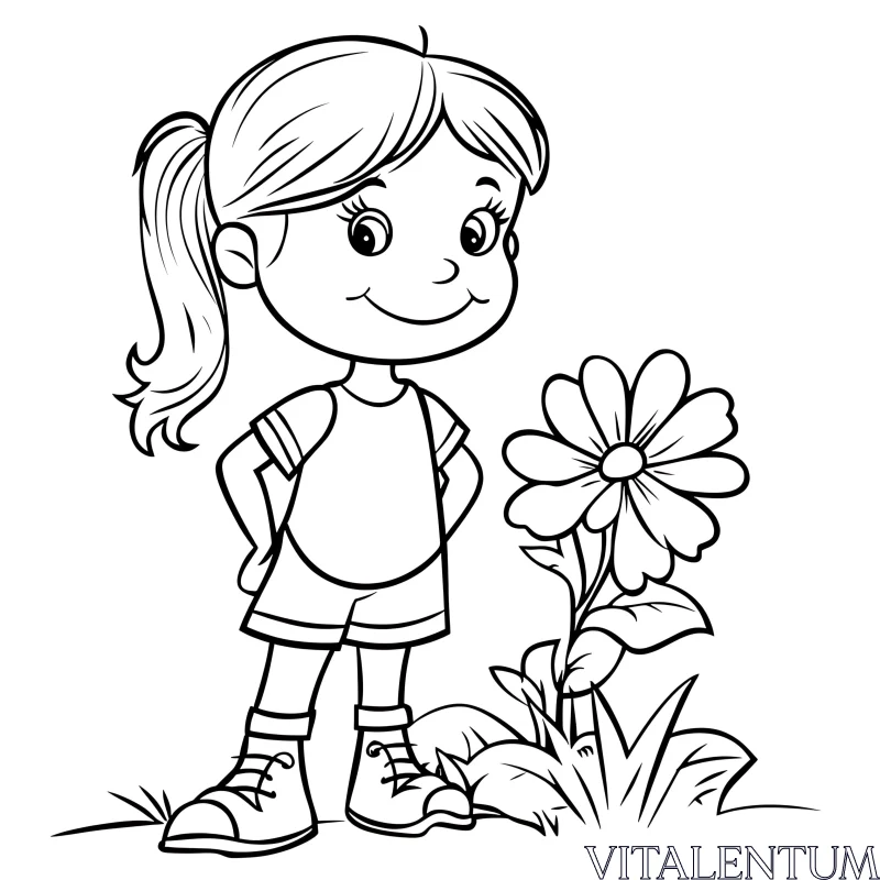 Cartoon Girl with Flower Line Drawing AI Image