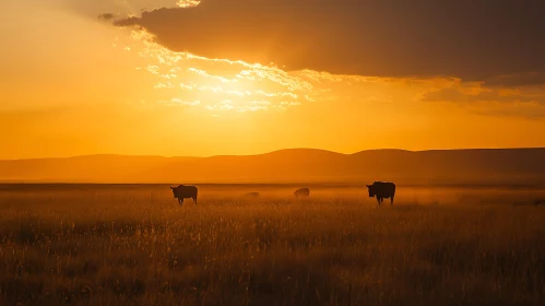 Golden Sunset Over Grazing Animals