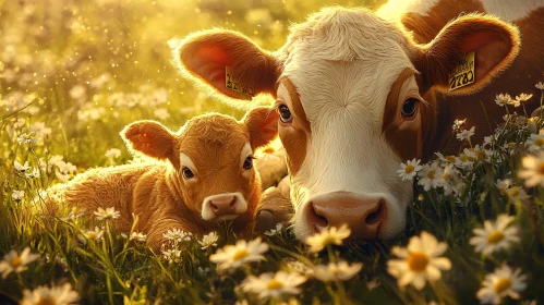 A Cow with its Calf in Meadow