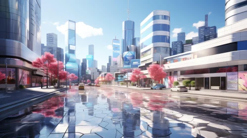 Futuristic City Street with Cherry Blossoms and Reflective Waters