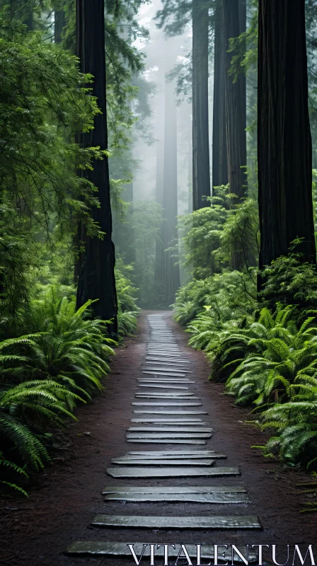 Majestic Redwood Forest Pathway: A Captivating Journey Through Nature AI Image