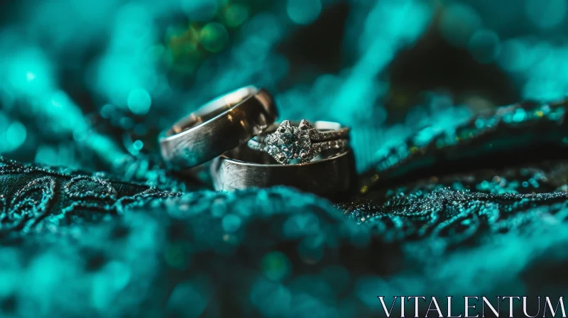 Romantic Wedding Rings on Green Background AI Image
