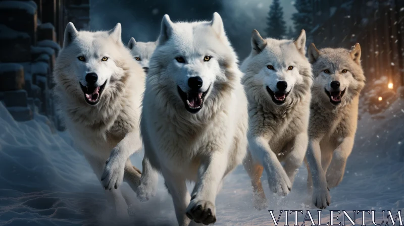 White Wolves in Snow-Covered Forest - A Winter Chase AI Image