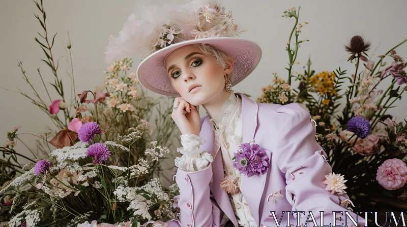 Young Woman in Purple Suit and Pink Hat with Flowers in a Garden AI Image