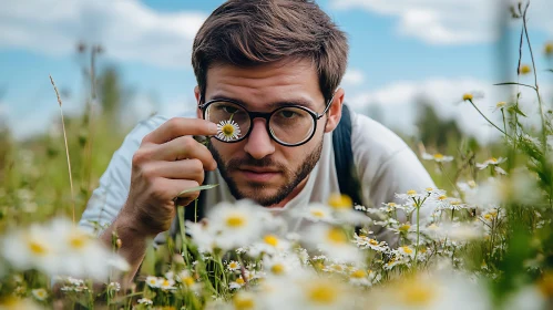 Close-up of Man with Glasses Lying in Flower Field