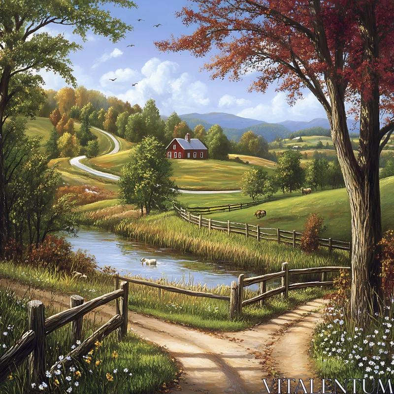 AI ART Autumnal Farmhouse by the River