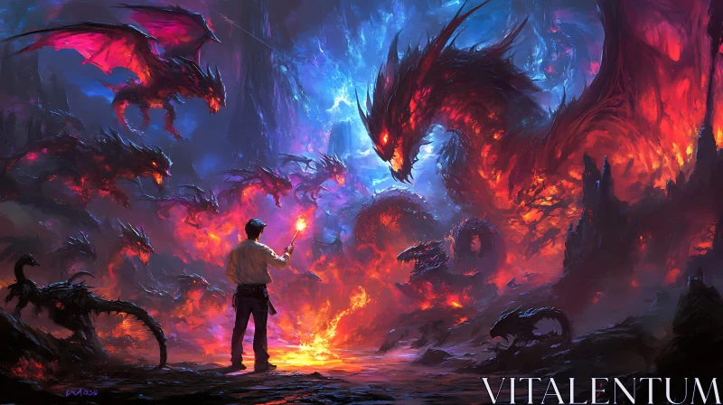 Man Confronts Dragons with Flame AI Image