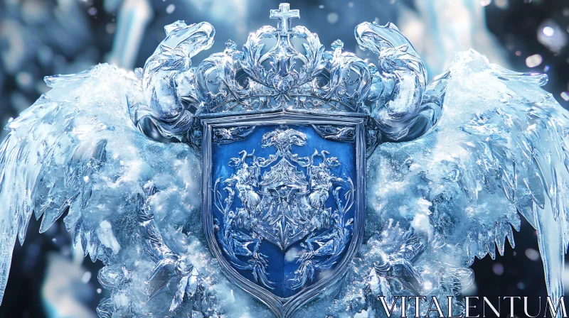 AI ART Frozen Heraldic Shield with Angelic Wings