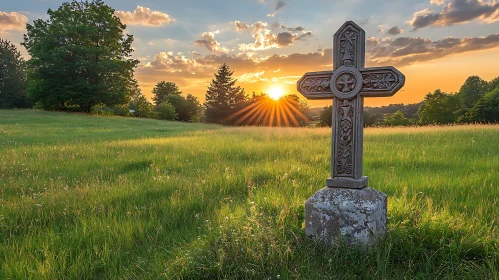 Golden Sunset Over Field with Cross