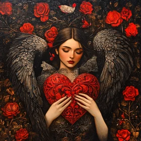 Winged Woman with Heart and Roses