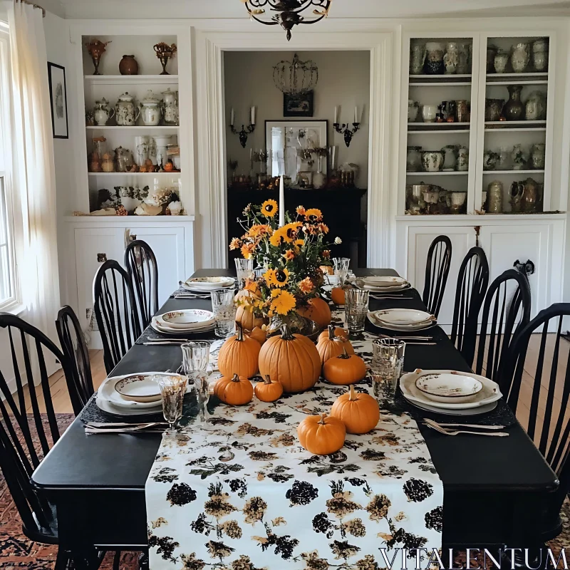 Pumpkins and Flowers on Dining Table AI Image