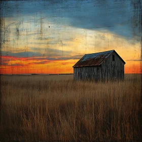 Old Barn in Field at Sunset