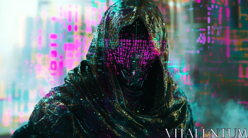 Hooded Figure in Digital Code Veil AI Image