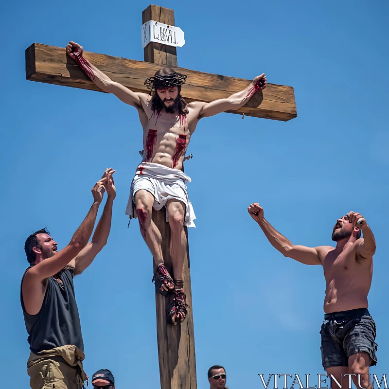 Crucifixion Scene Under Blue Sky AI Image