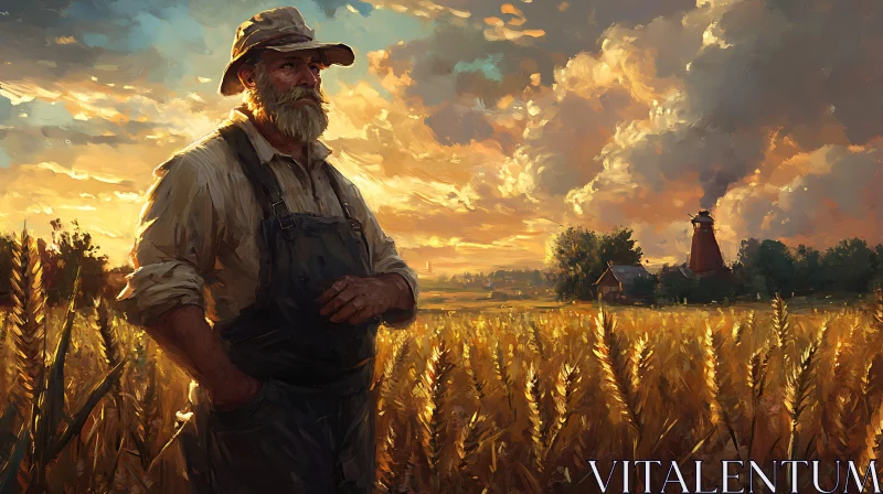 AI ART Rural Sunset Farmer in Wheat Field