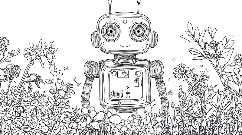 AI ART Monochrome Robot Among Flowers