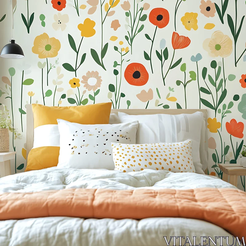 Cozy Bedroom with Floral Wallpaper Design AI Image